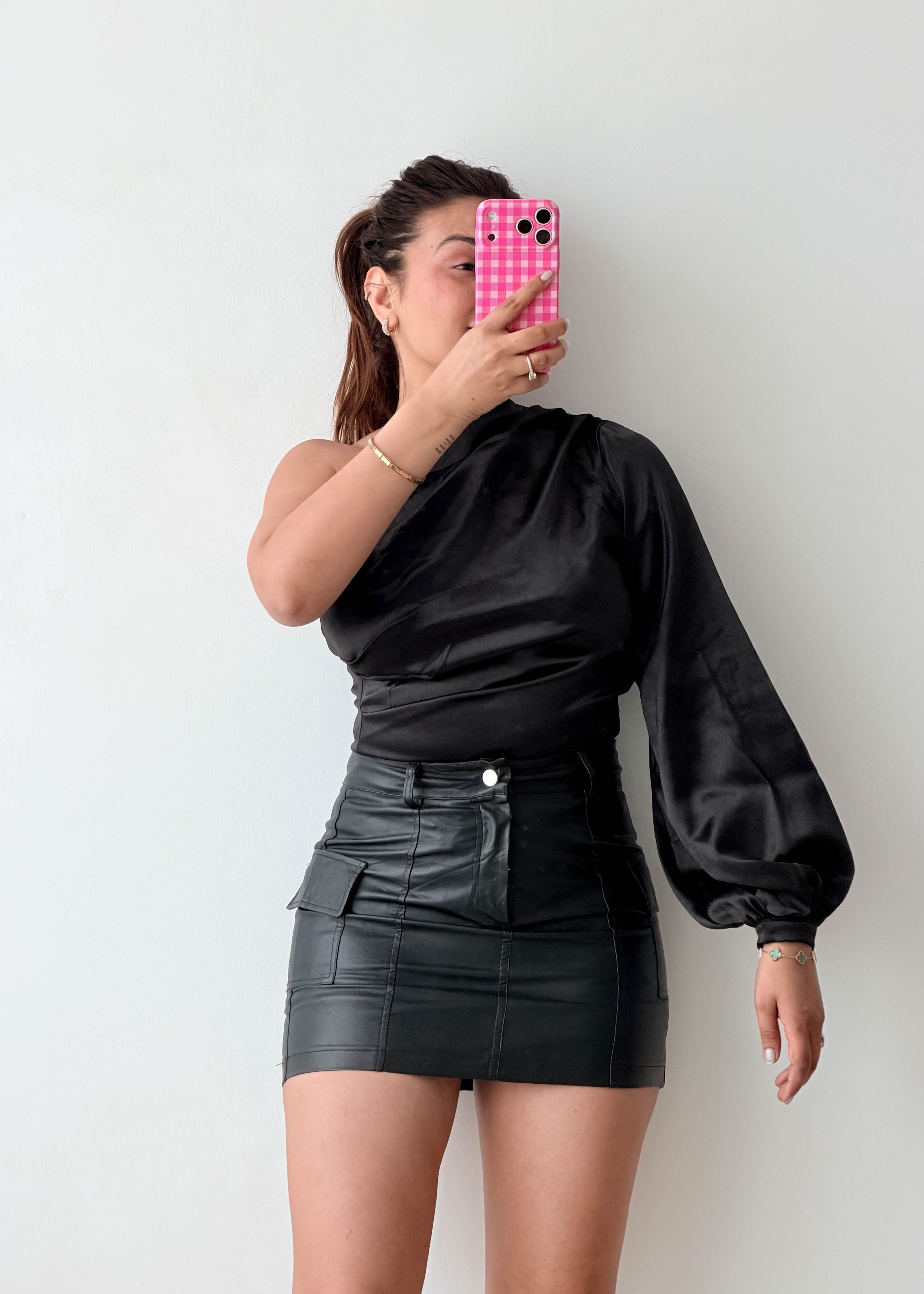 Size S Black One-Shoulder Satin Bodysuit