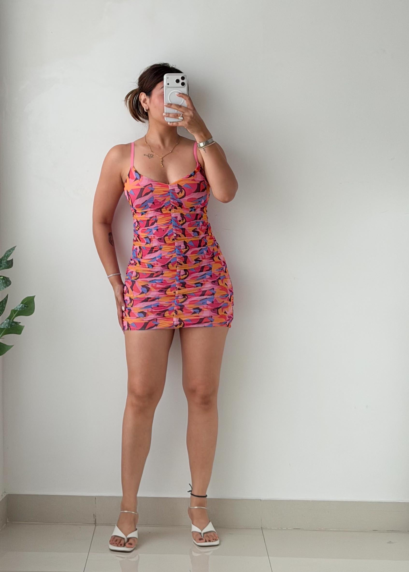 Size XS-S Multicolor Ruched Mini Dress