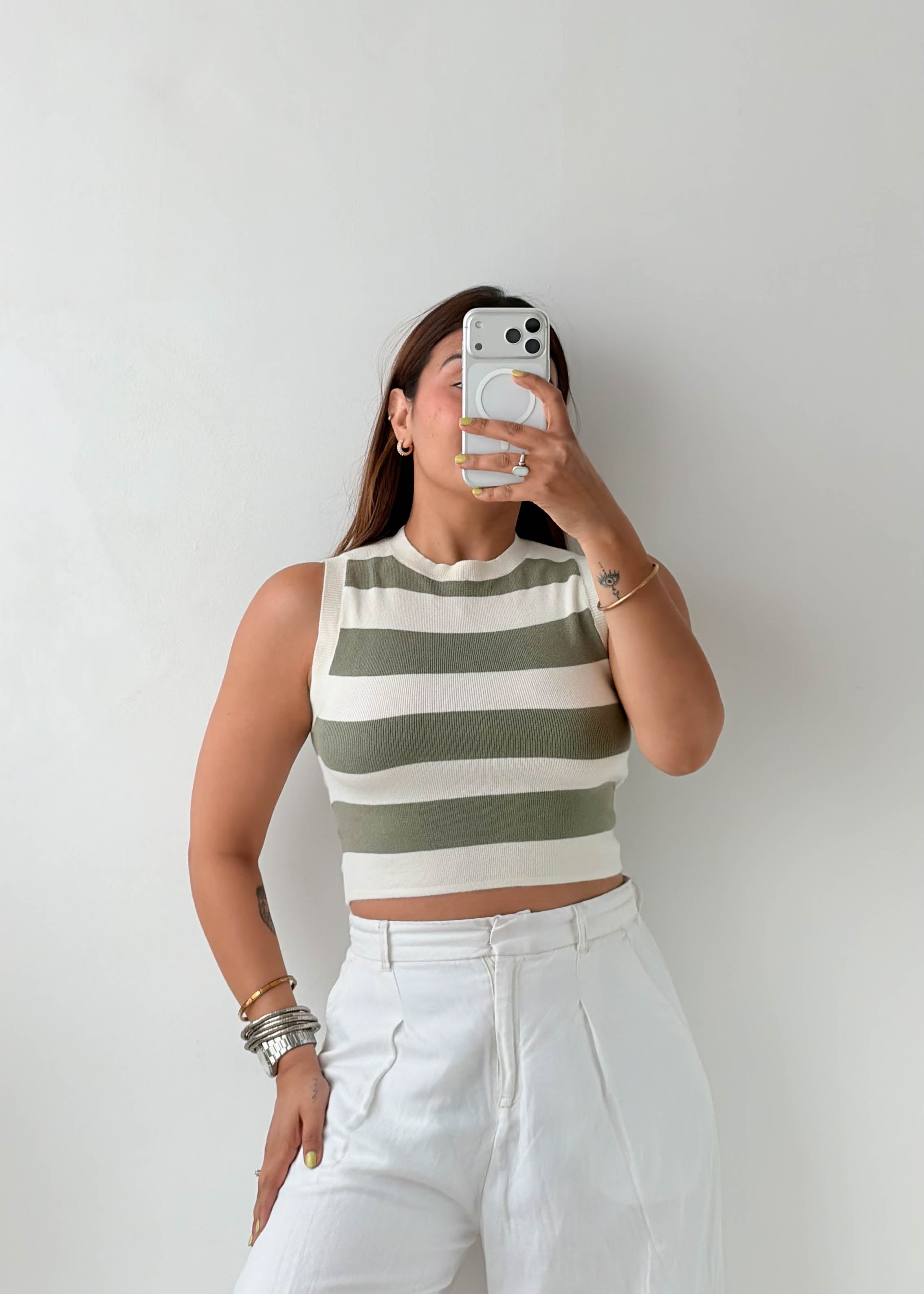 Size S-M Olive Striped High Neck Crop Top