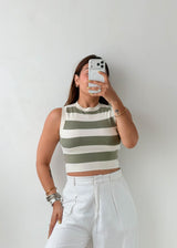 Size S-M Olive Striped High Neck Crop Top