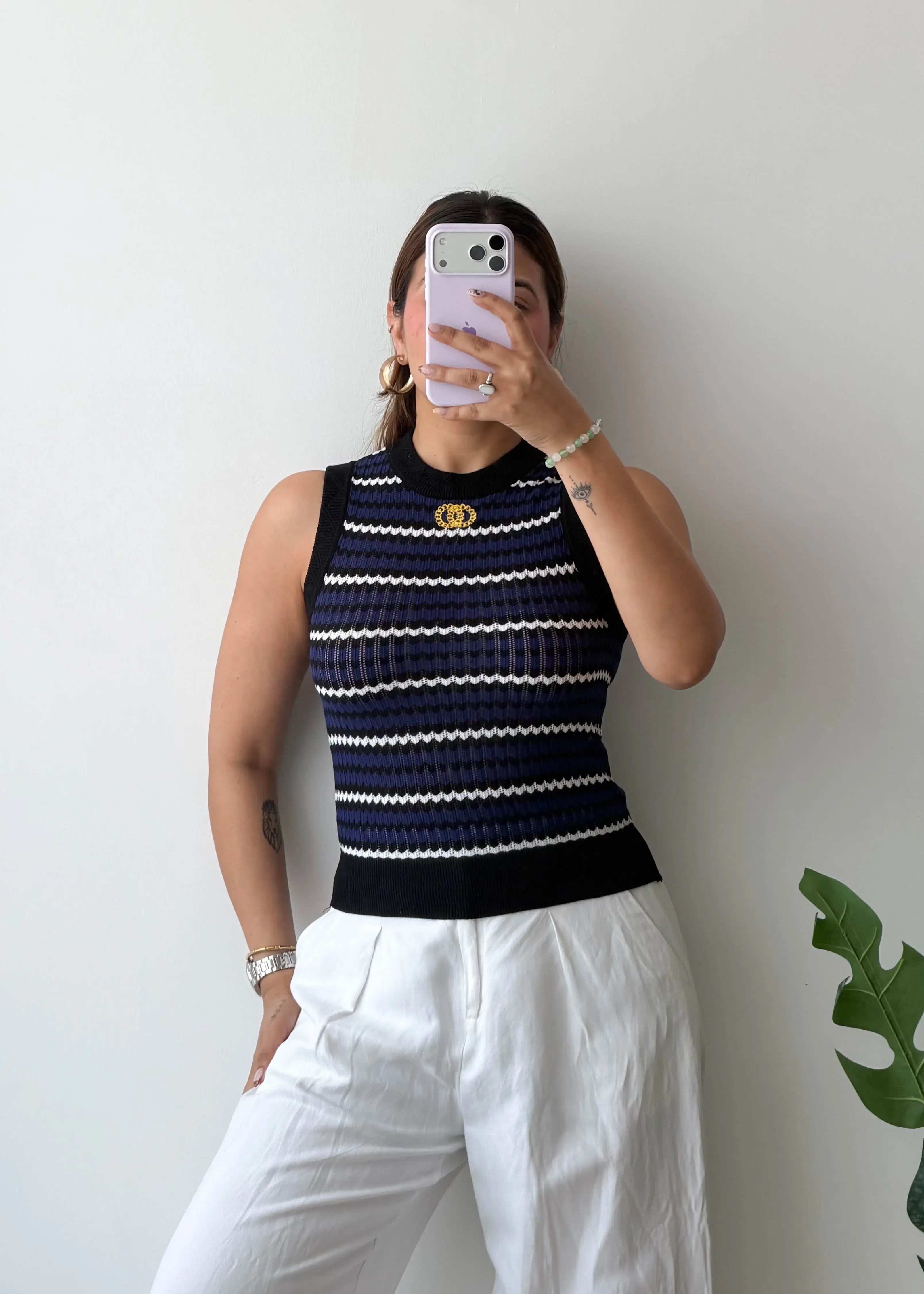 Size XS-S, Navy Striped Sleeveless Top