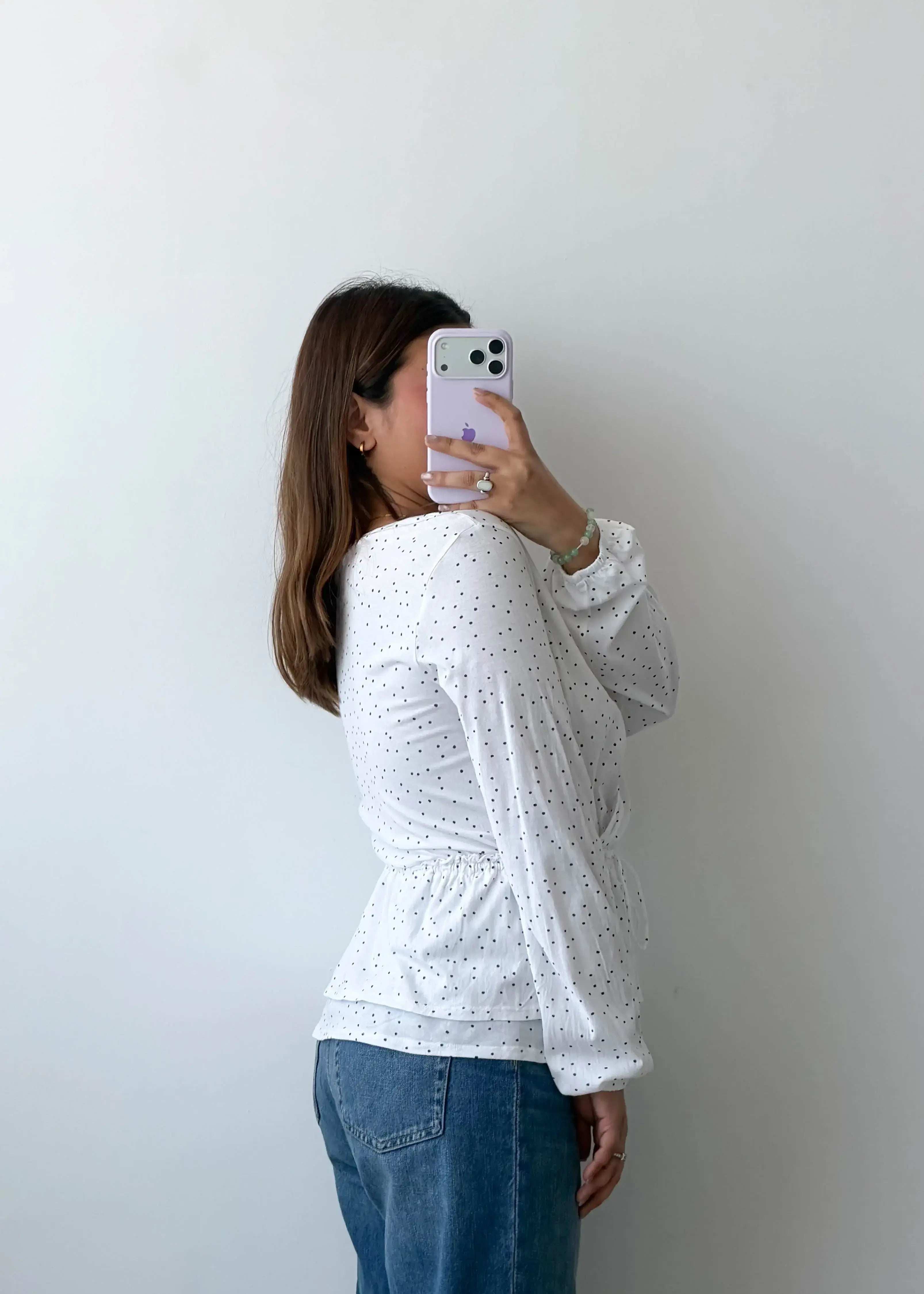 Size M-L White Polka Dot Wrap Peplum Top