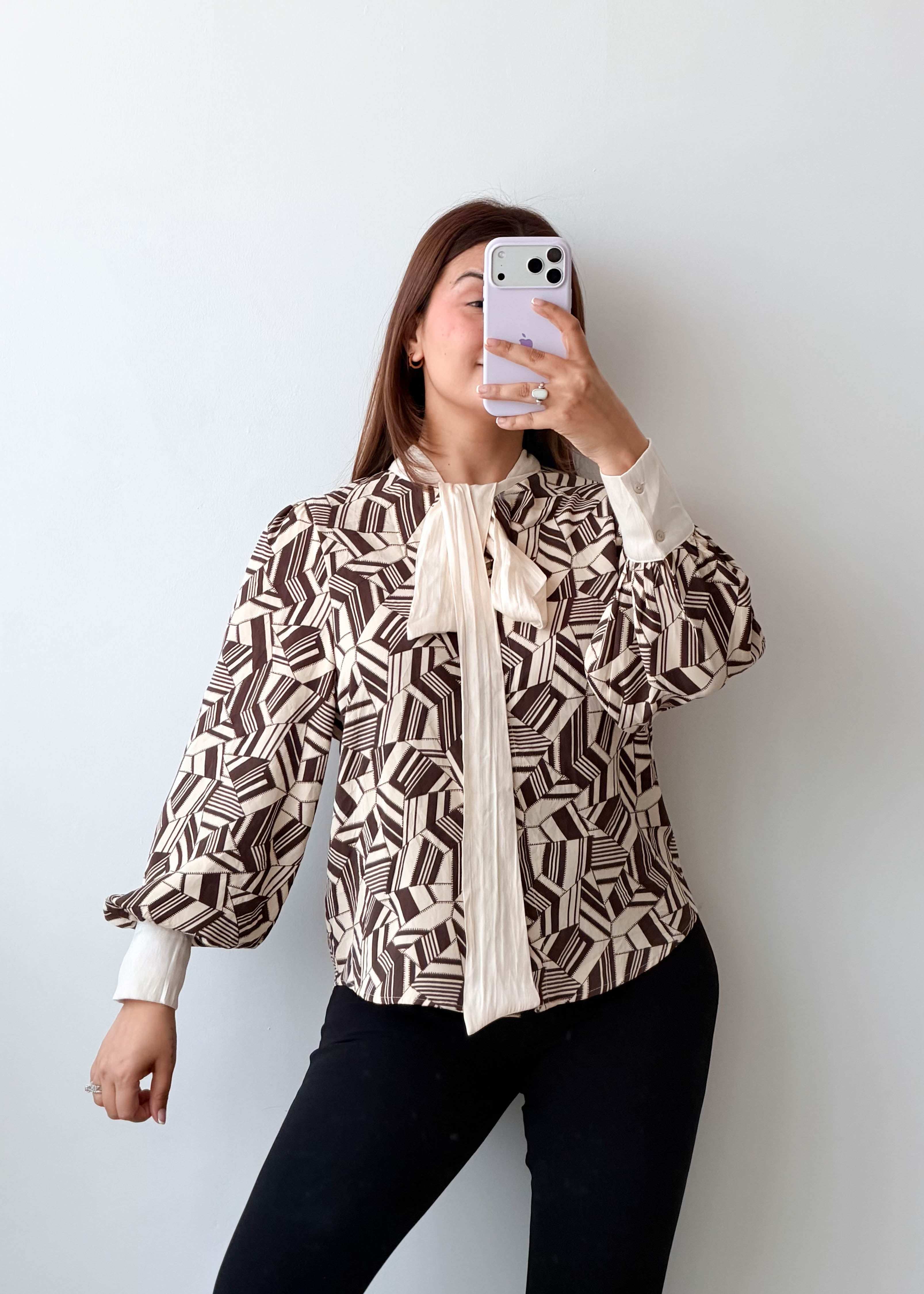 Size S-M Brown Geometric Bow Tie Blouse