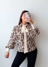 Size S-M Brown Geometric Bow Tie Blouse