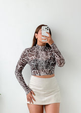 Size XS-S Brown Snake Print Mesh Top