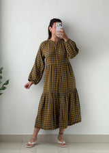Size S-M Brown Check Tiered Midi Dress