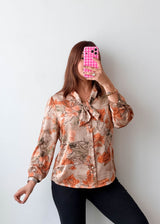 Size S-M Beige Orange Floral Tie-Neck Blouse