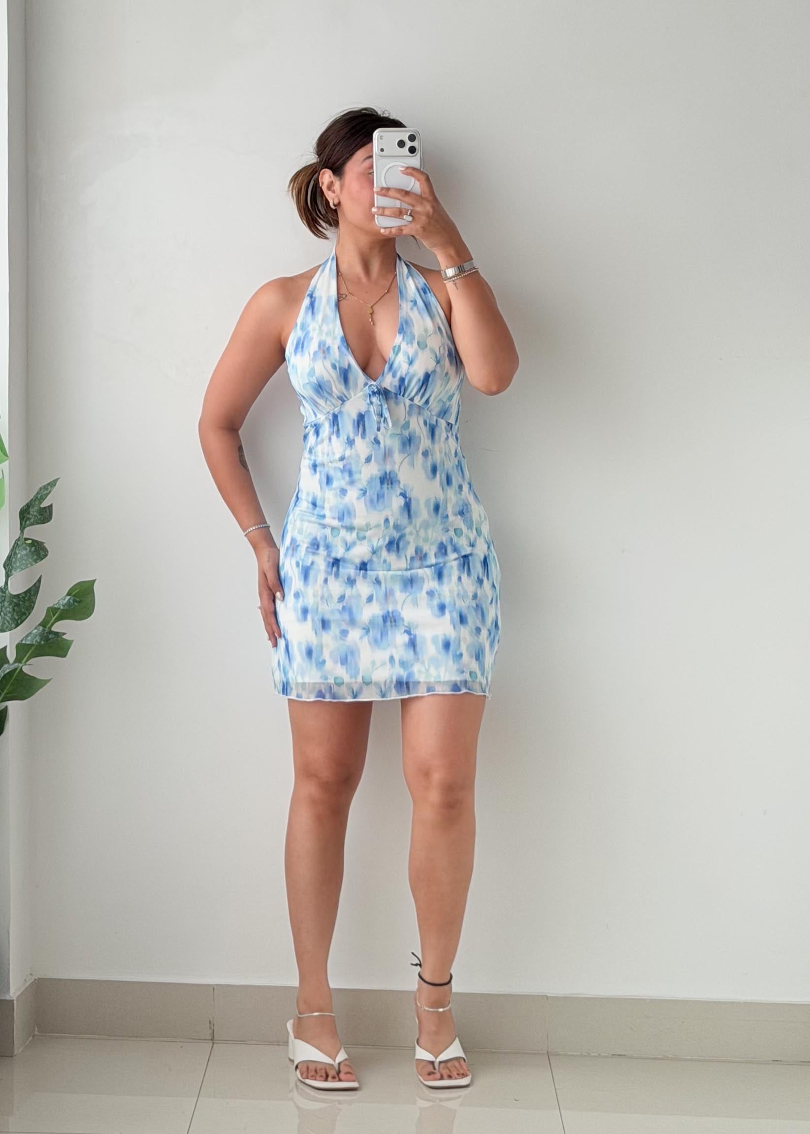 Size XS-S Blue Tie-Dye Halter Mini Dress