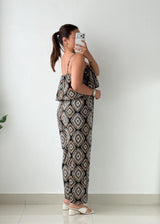 Size S-M Brown Geometric Print Wide-Leg Jumpsuit