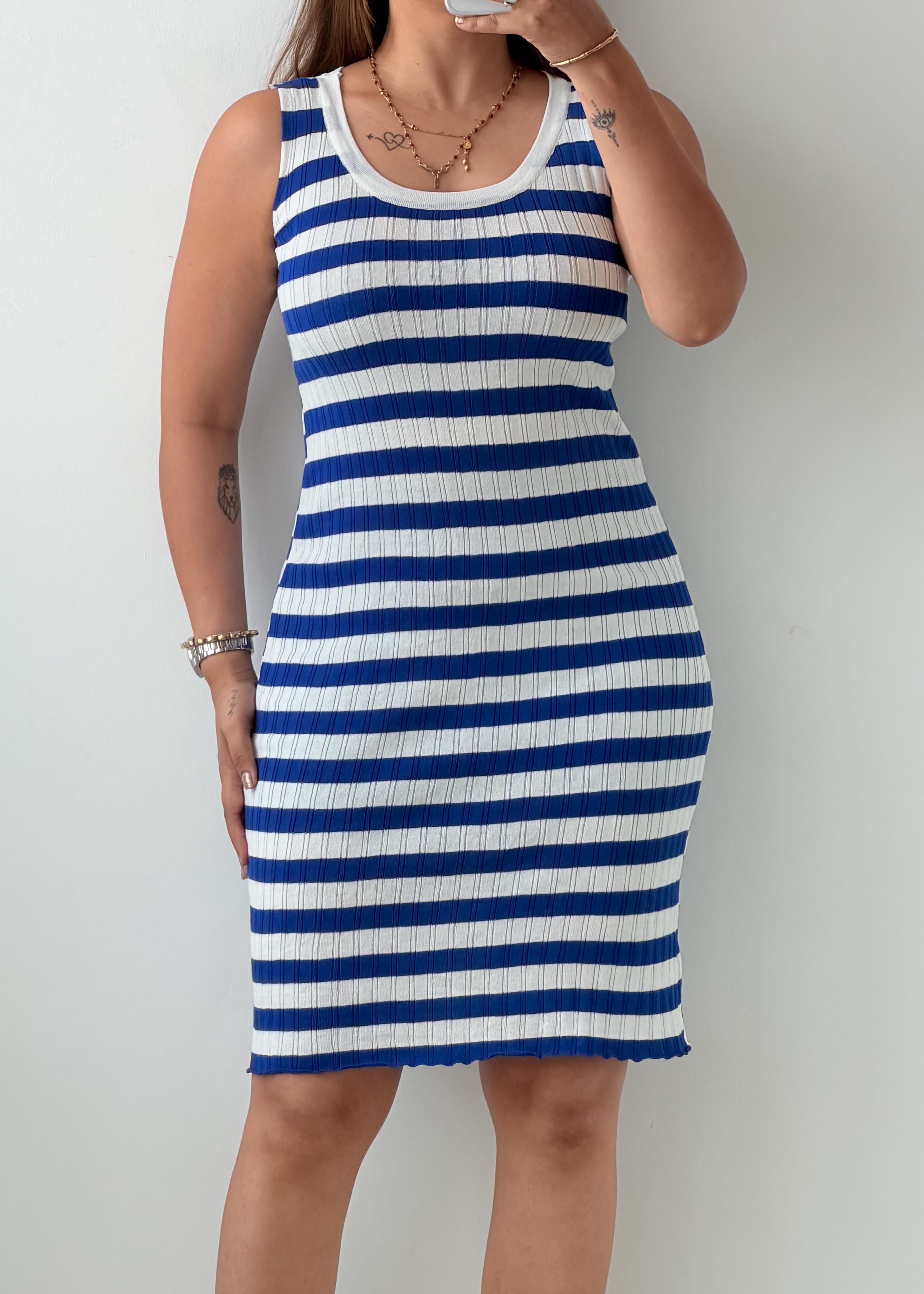 Size S-M Blue & White Stripe Ribbed Knit Midi Dress
