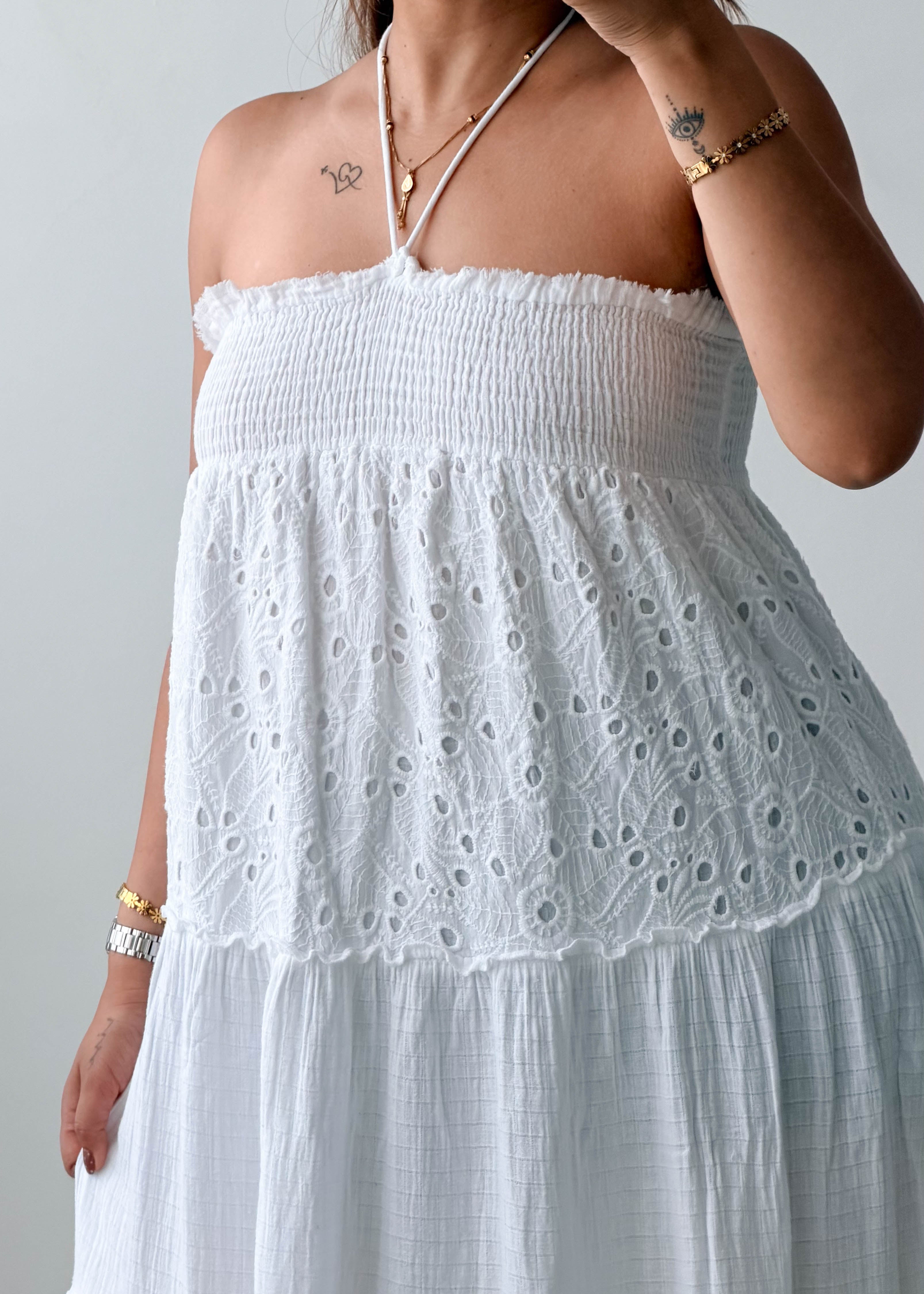 Size M-L White Eyelet Cotton Midi Dress