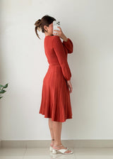 Size S-M Rust Red Ribbed Pleated Midi Dress