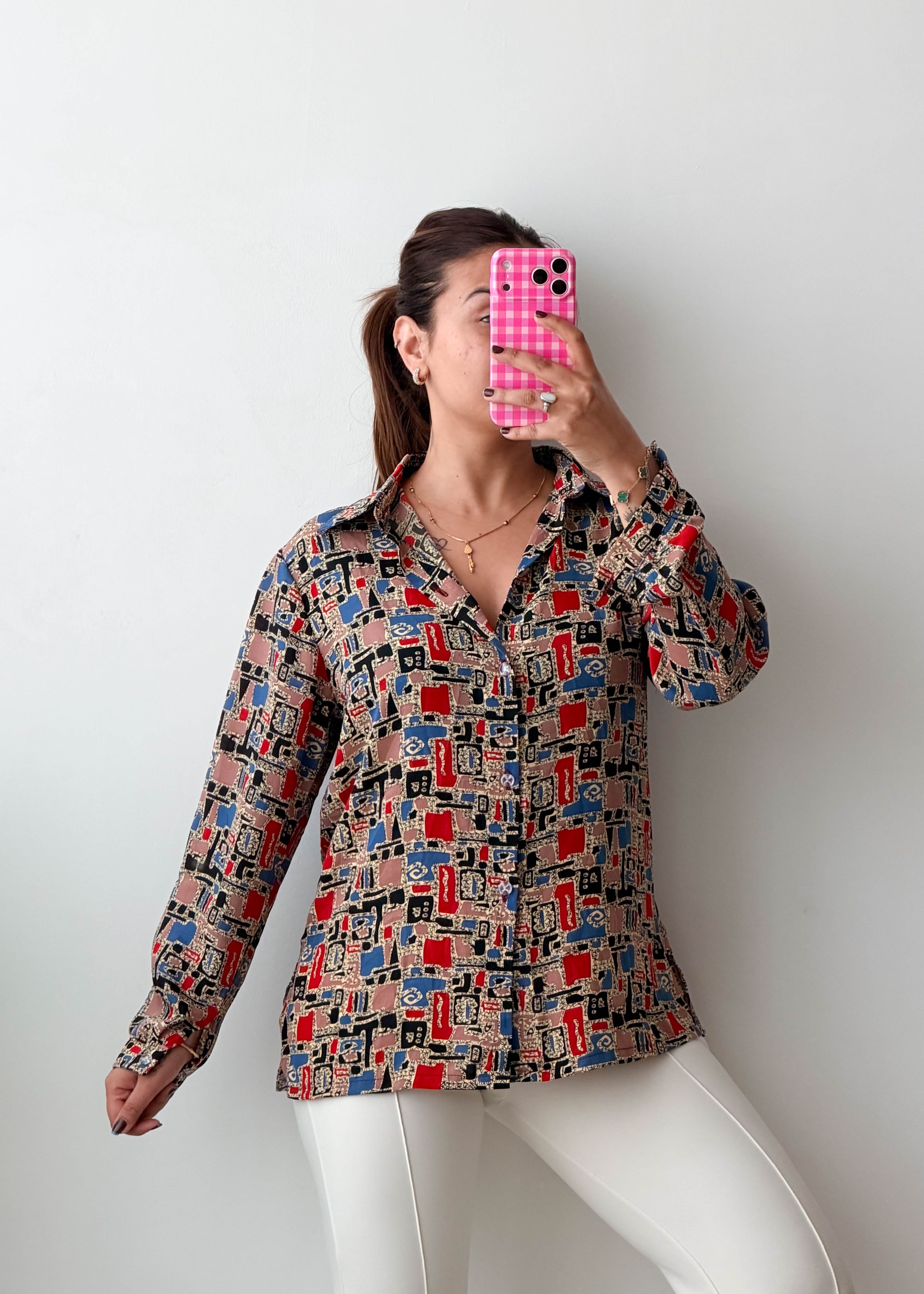 Size M-L Multicolor Geometric Print Shirt Top