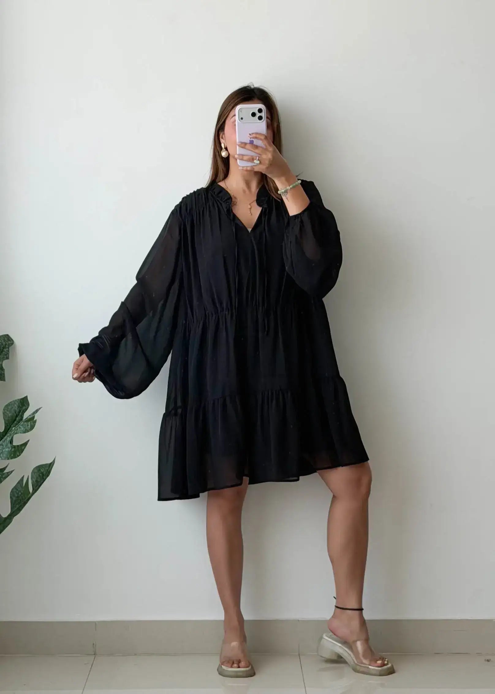 Size XL-2XL, Black Sheer Layered Dress