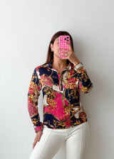 Size XS-S Pink Navy Baroque Print Shirt Top