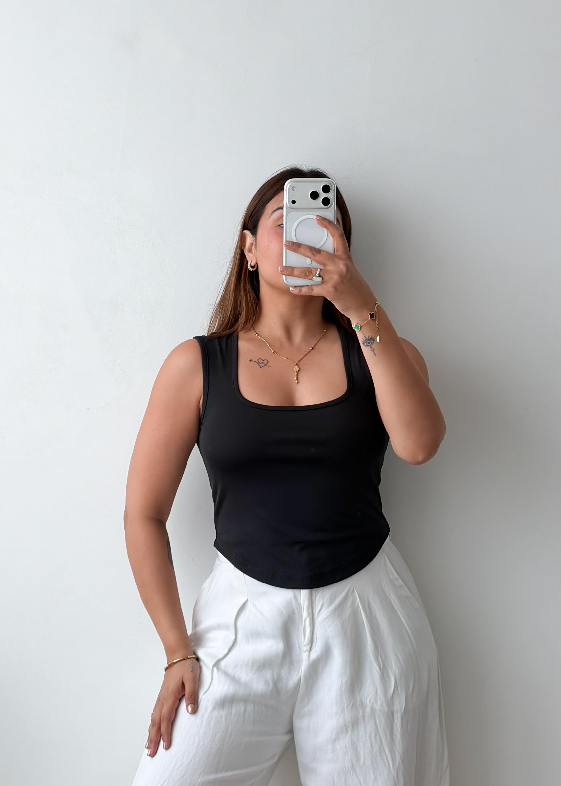 Size S, M, L Black Square Neck Tank Top