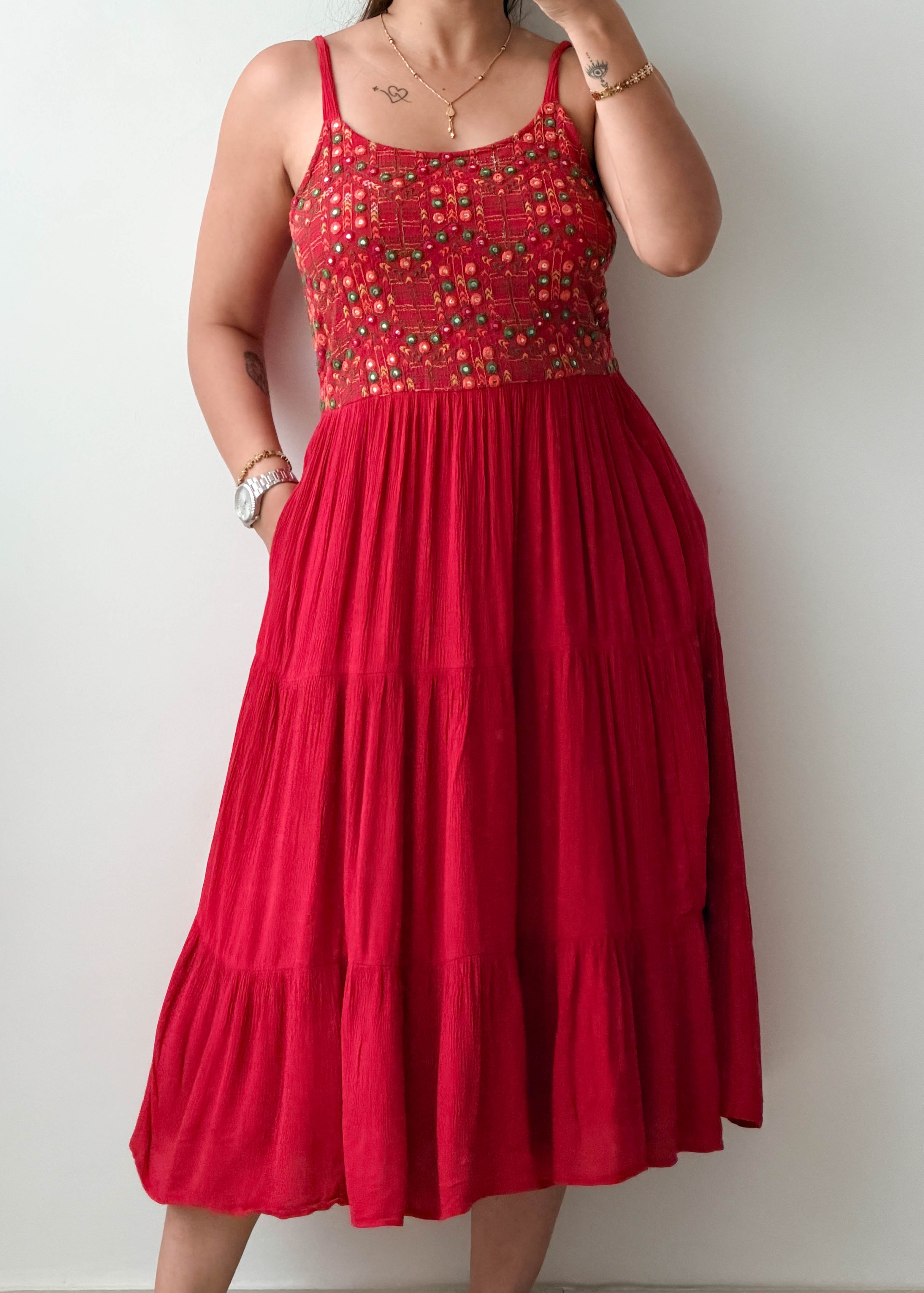 Size M-L Red Embroidered Tiered Midi Dress