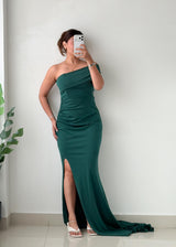 Size L-XL Dark Green One-Shoulder Maxi Dress