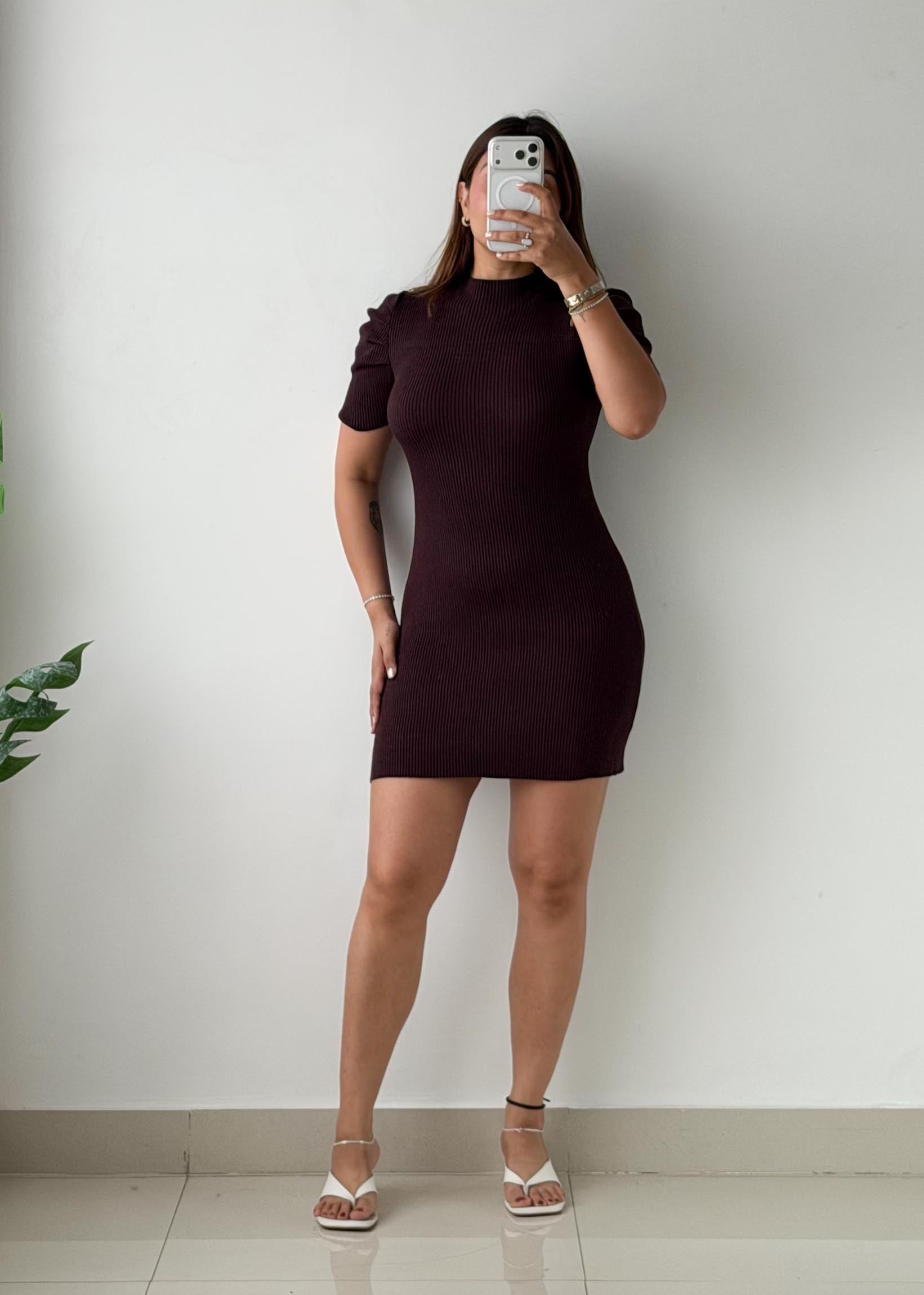 Size S-M Chocolate Brown Ribbed Knit Mini Dress