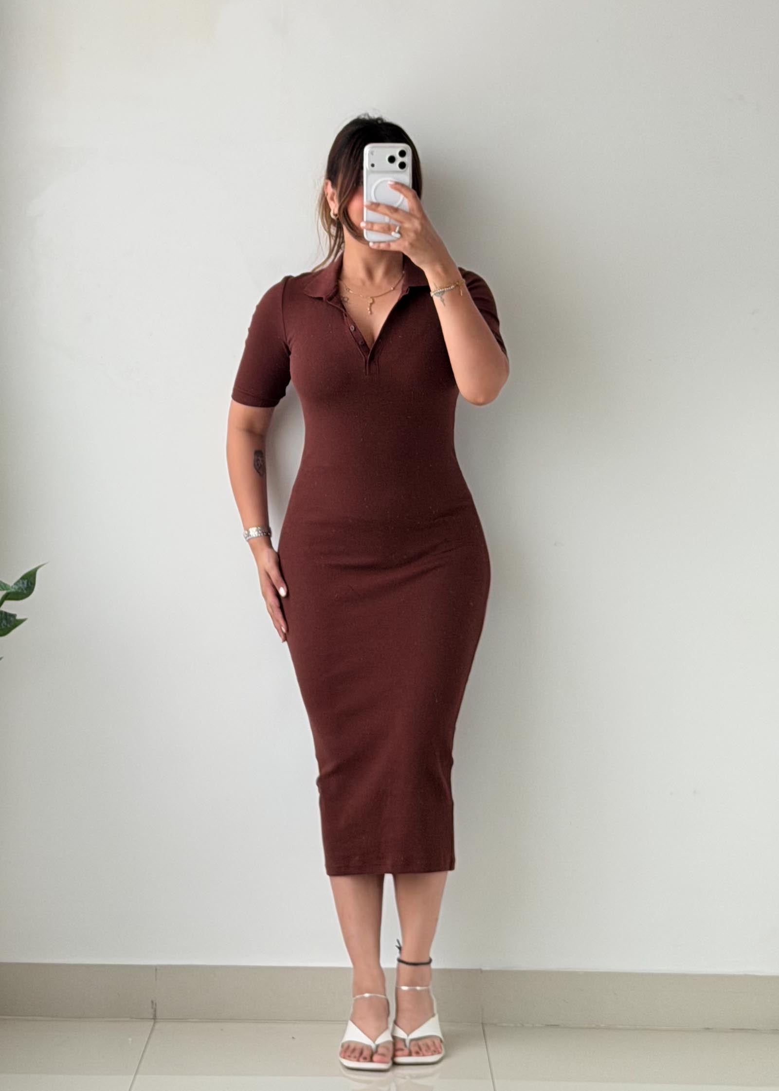 Size XS-S Chocolate Brown Ribbed Polo Midi Dress