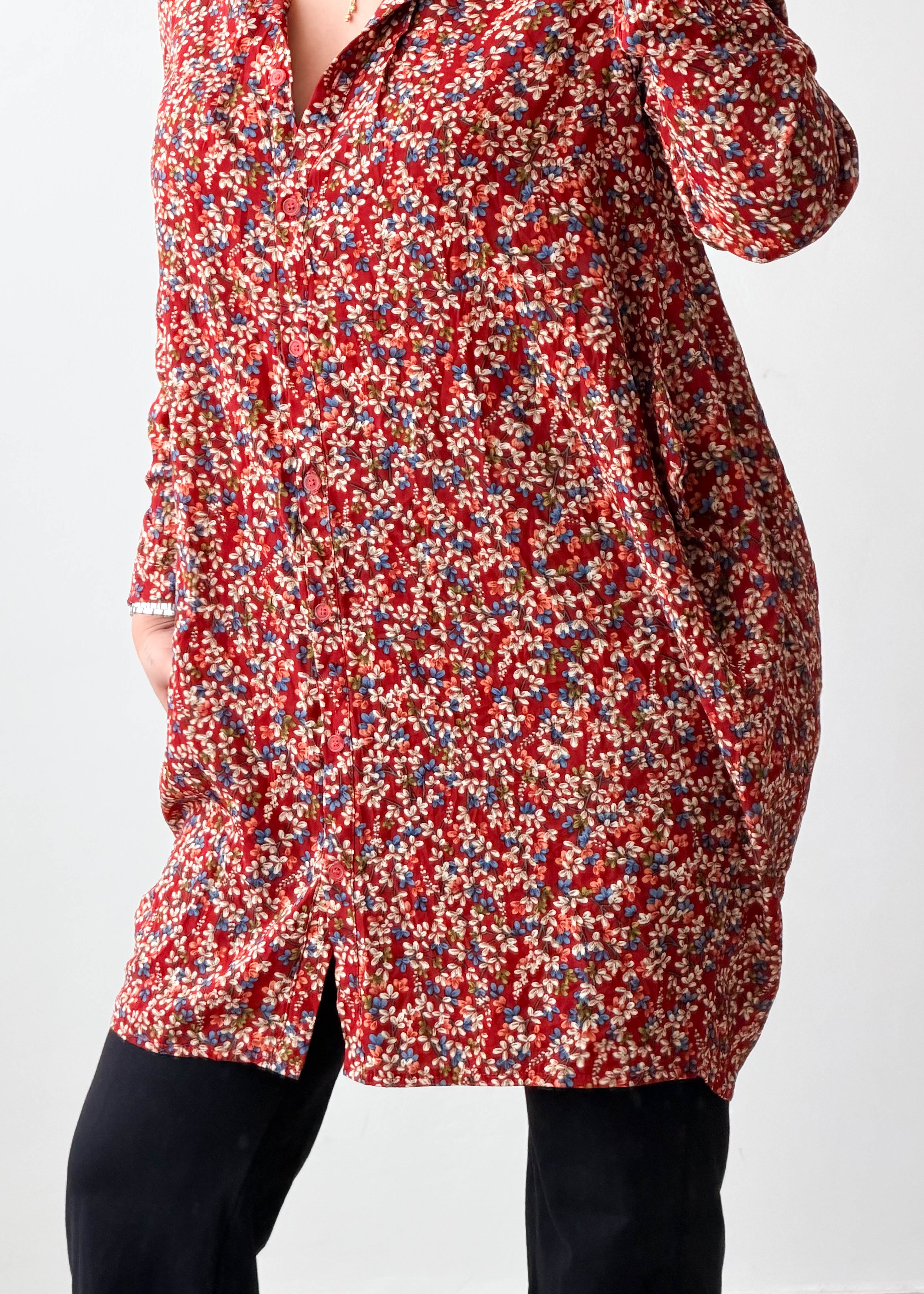 Size M-L Red Floral Longline Shirt Tunic