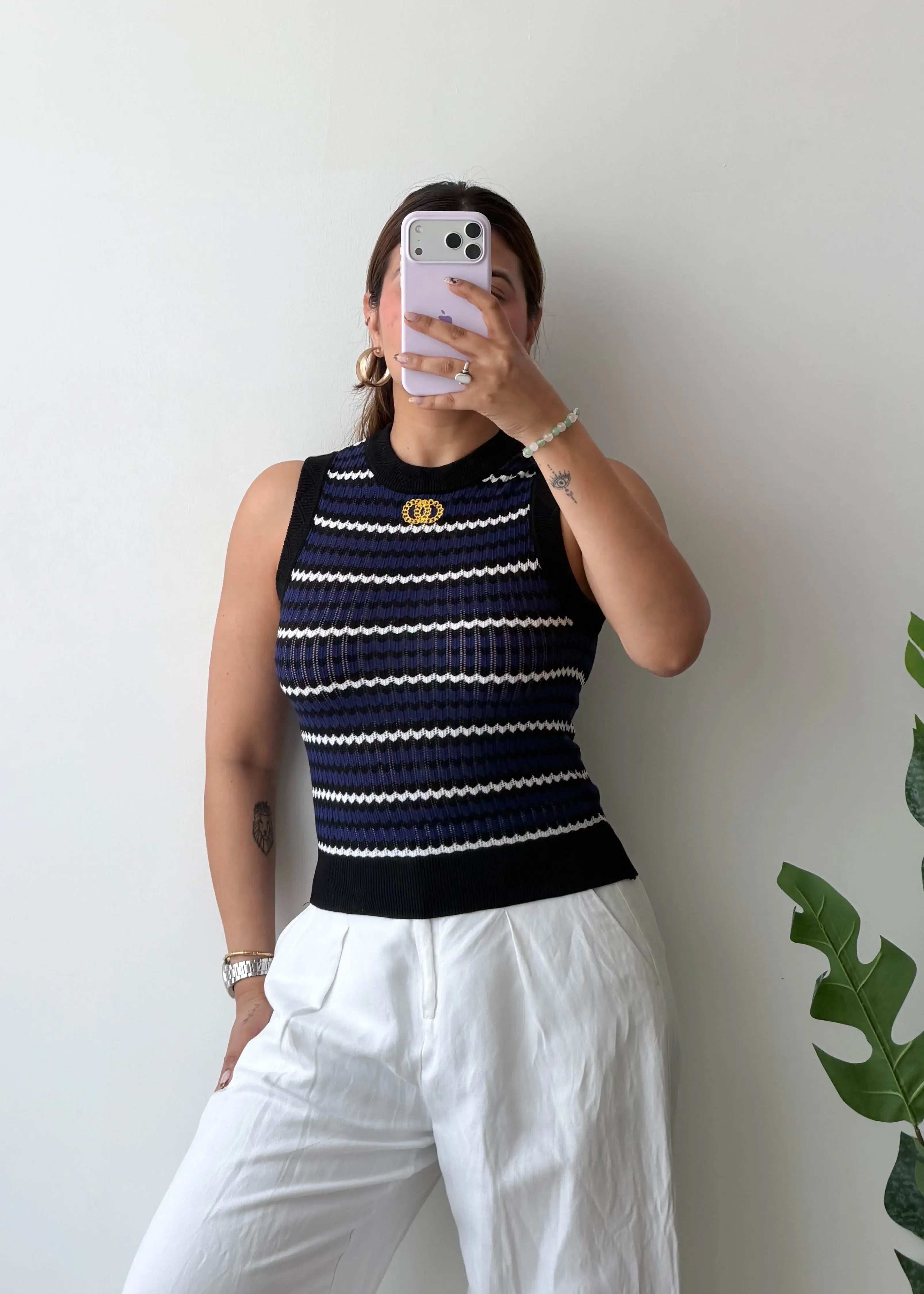 Size XS-S, Navy Striped Sleeveless Top