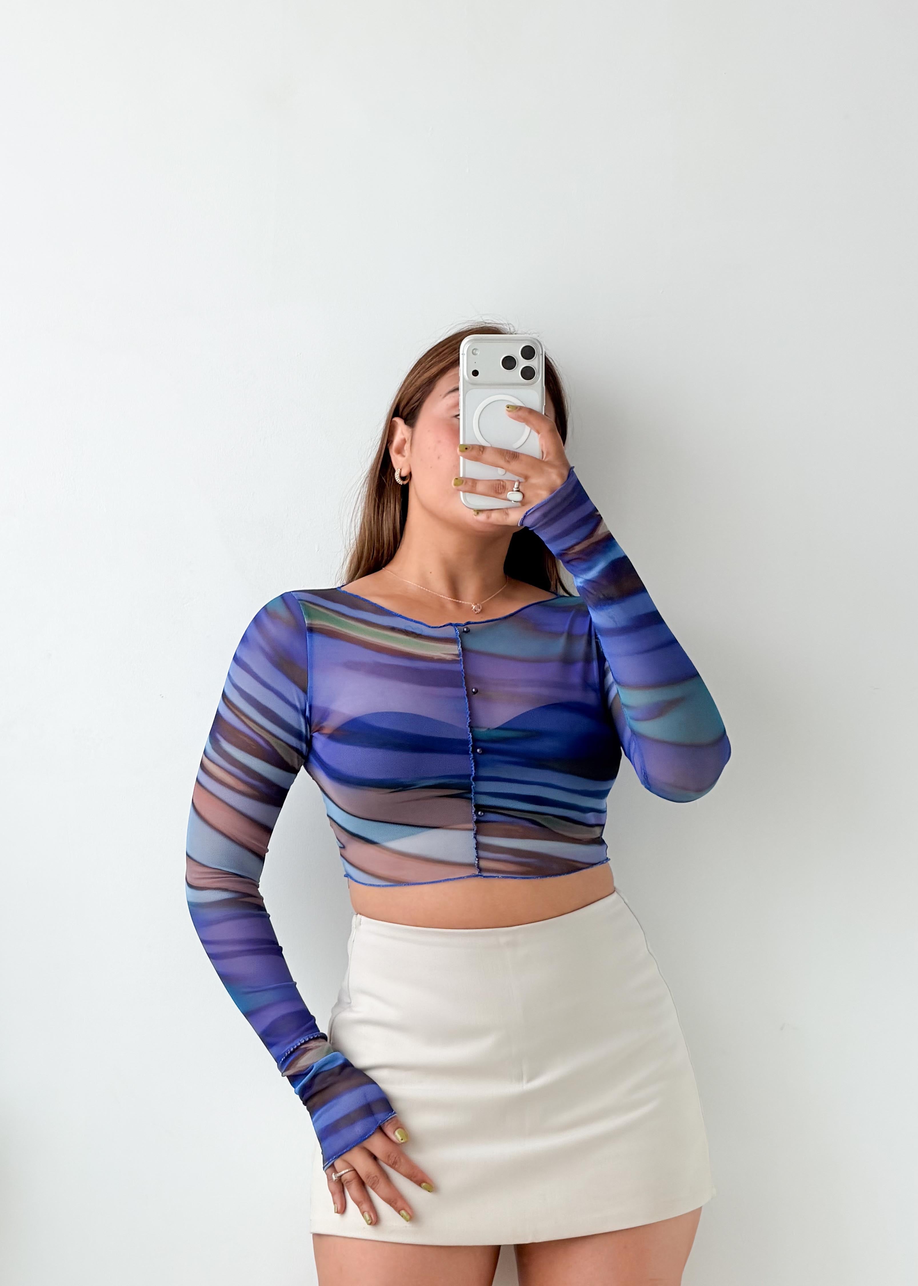 Size XS-S Blue Abstract Mesh Crop Top