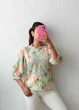 Size XS-S Mint Green Floral Puff Sleeve Top