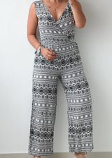 Size XS-S Black & White Tribal Print Wide-Leg Jumpsuit