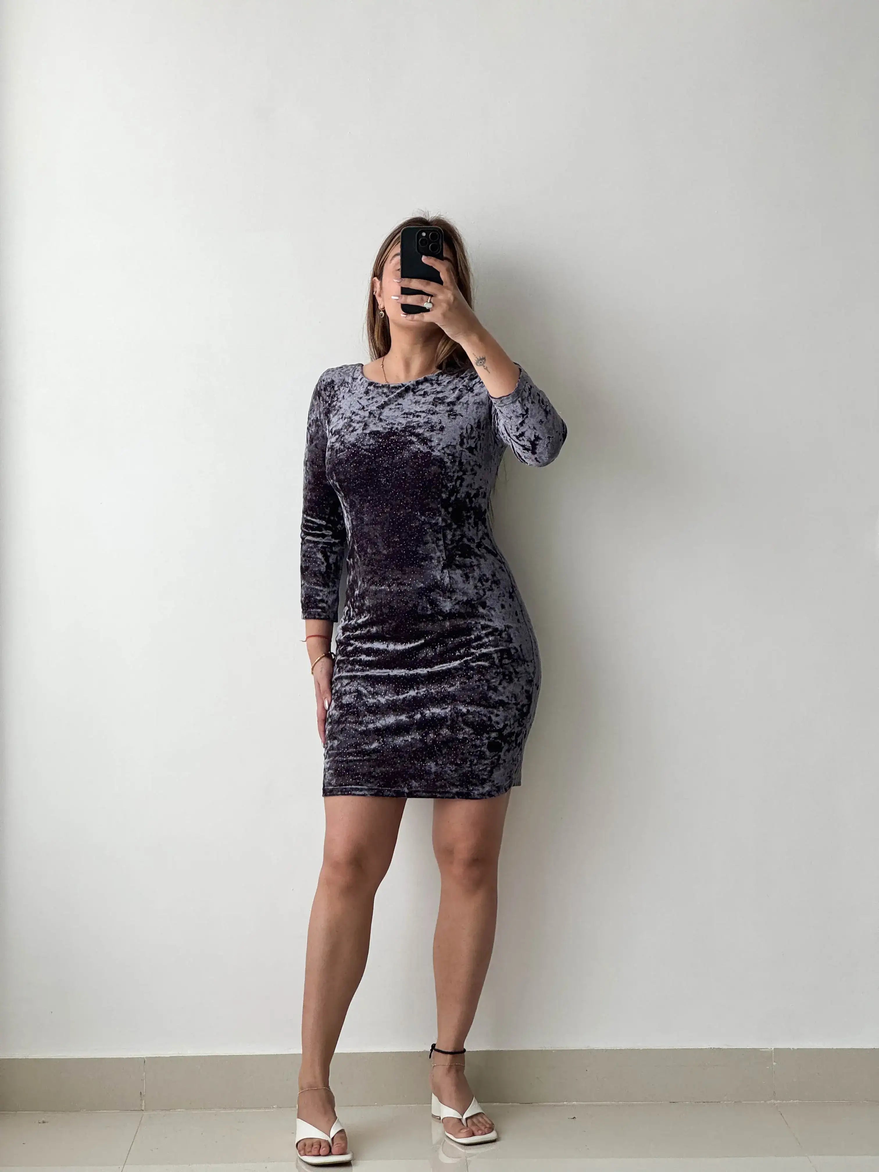 Size XS-S, Grey Velvet Bodycon Mini Dress