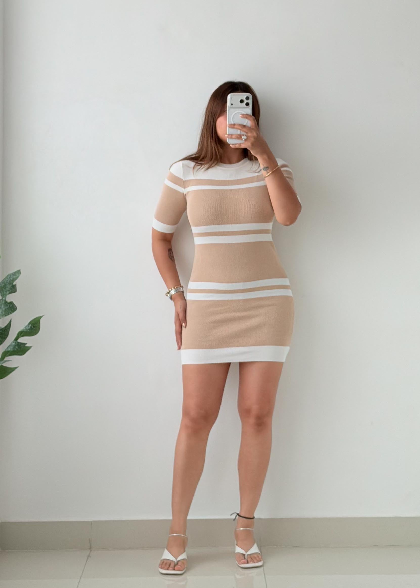 Size XS-S Beige Stripe Knit Bodycon Mini Dress