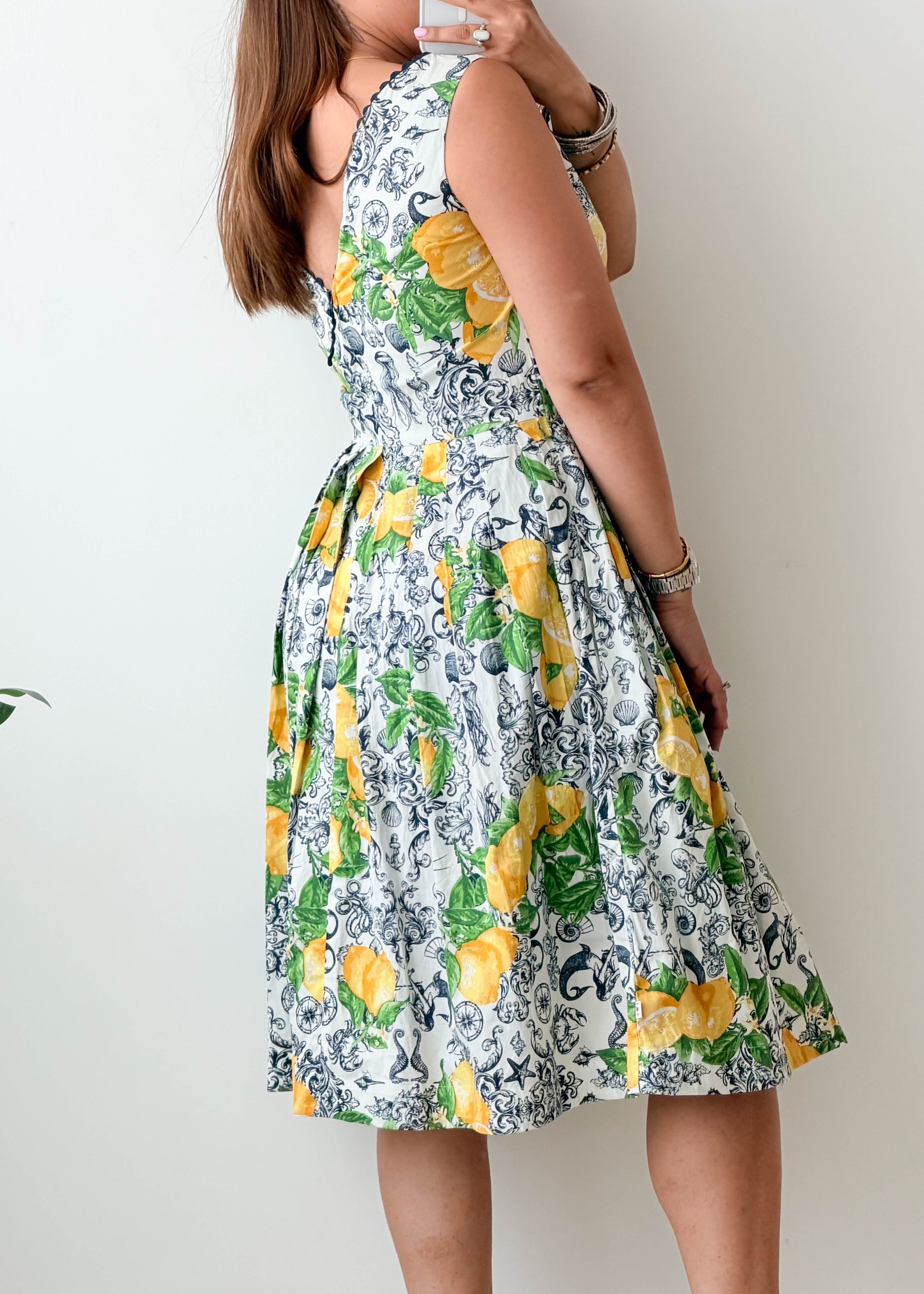 Size S White Lemon Print Fit & Flare Midi Dress