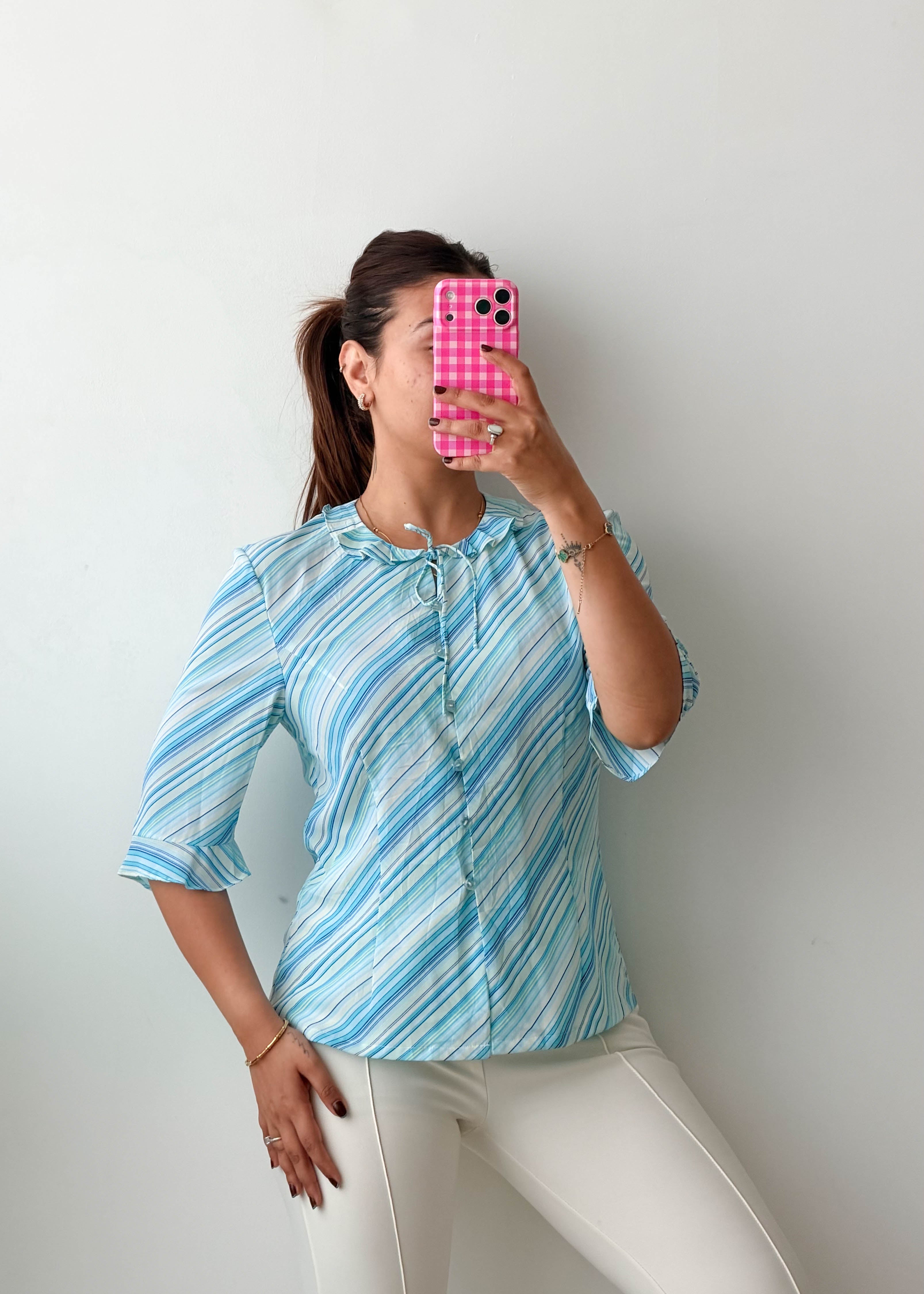Size S-M Sky Blue Striped Tie-Neck Blouse