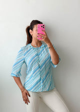 Size S-M Sky Blue Striped Tie-Neck Blouse