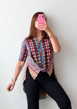 Size XS-S Multicolor Boho Print High-Low Tunic Top