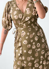 Size M-L Olive Floral Print Wrap Maxi Dress