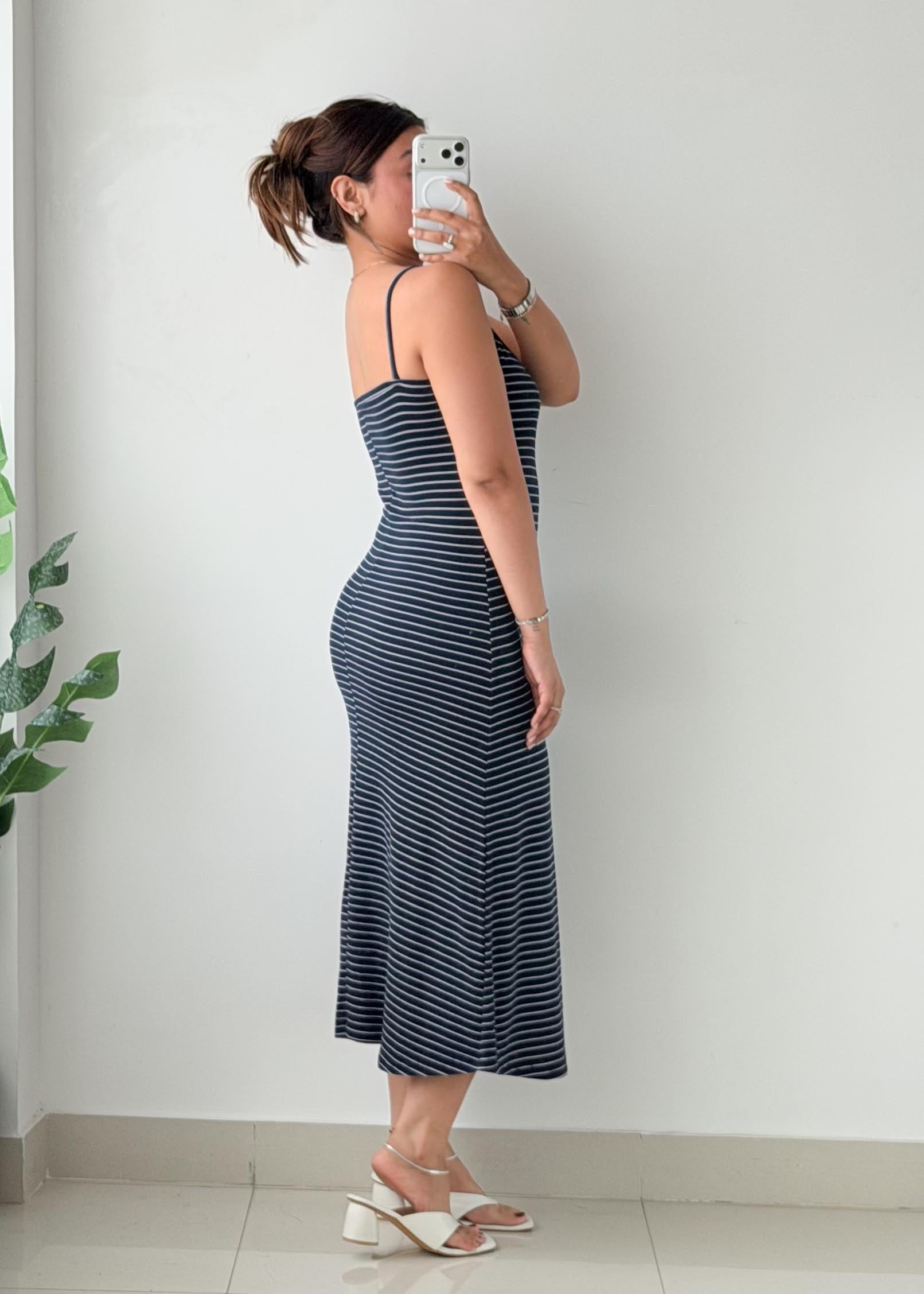 Size S-M Navy & White Striped Ribbed Midi Dress