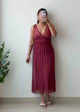 S-M Wine Red Mesh Midi Dress