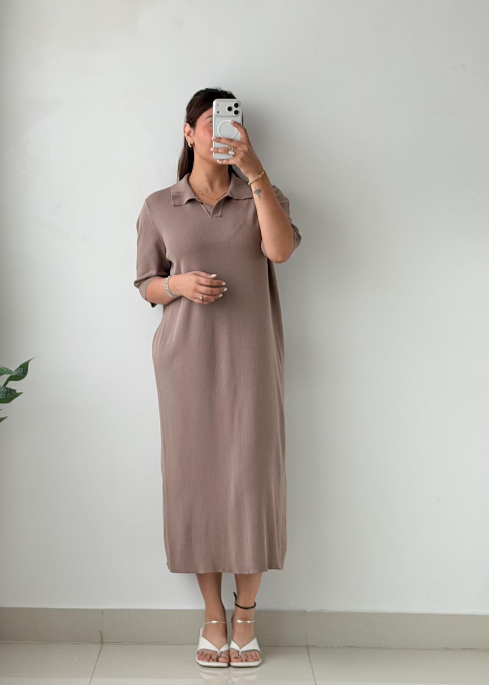 Size L-XL Taupe Ribbed Polo Maxi Dress