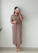 Size L-XL Taupe Ribbed Polo Maxi Dress