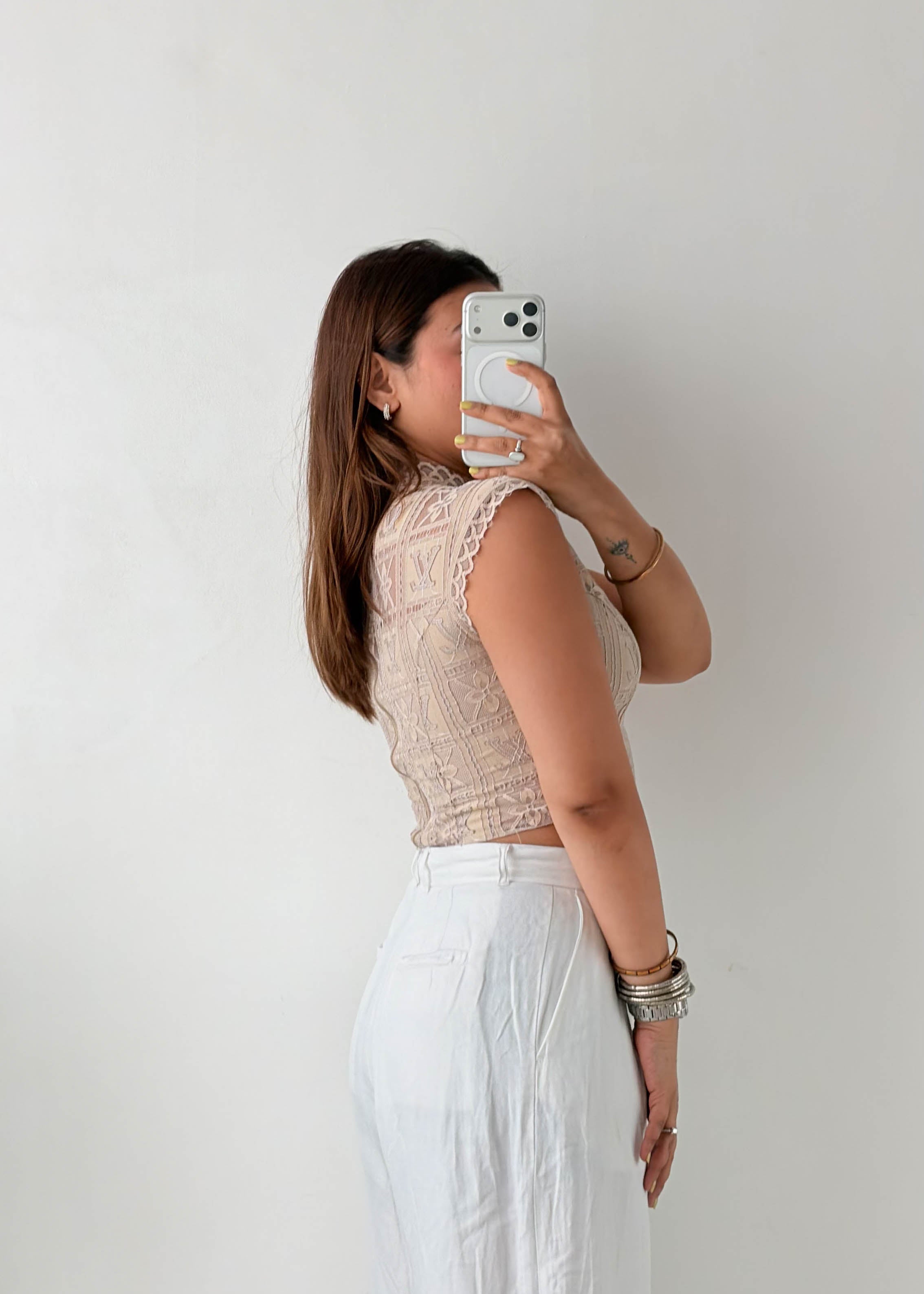 Size S-M Beige Lace High Neck Crop Top