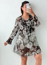 Size M-L Grey Floral Sheer Tunic Top