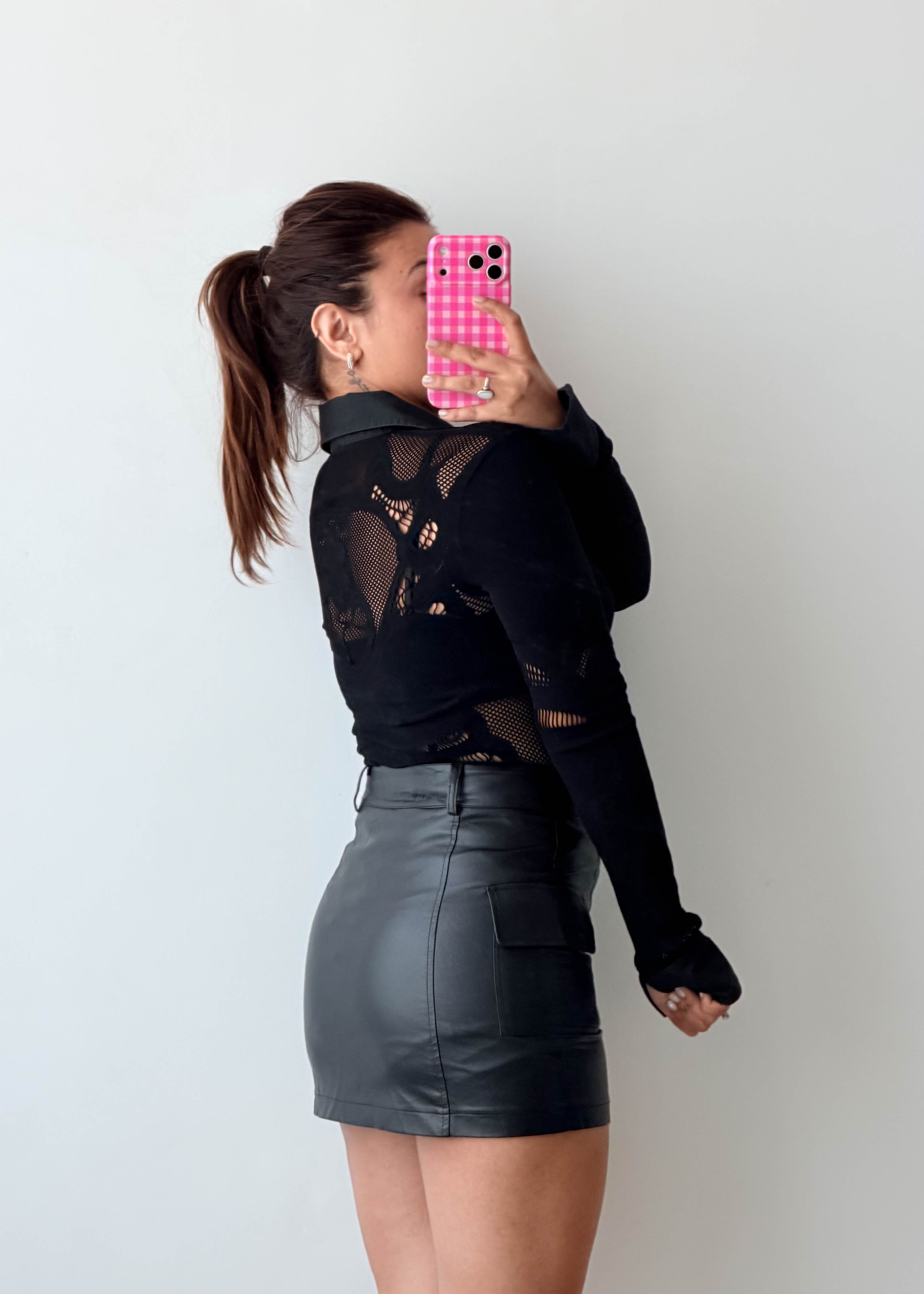Size S-M Black Sheer Lace Polo Bodysuit