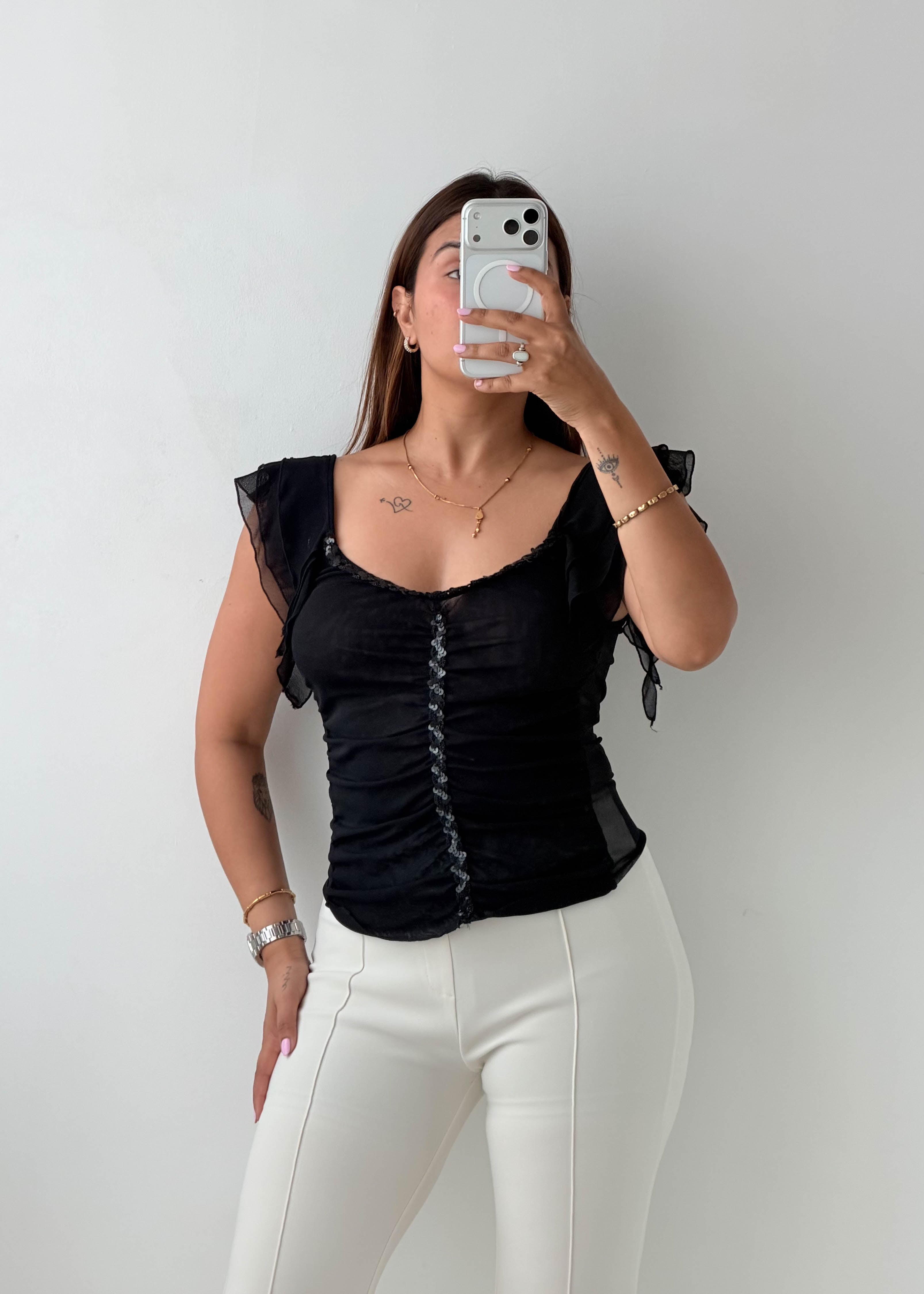 Size XS-S Black Ruched Flutter Sleeve Top