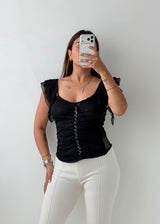 Size XS-S Black Ruched Flutter Sleeve Top