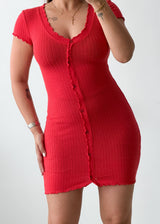 Size XS-M Red Ribbed Button-Front Bodycon Mini Dress