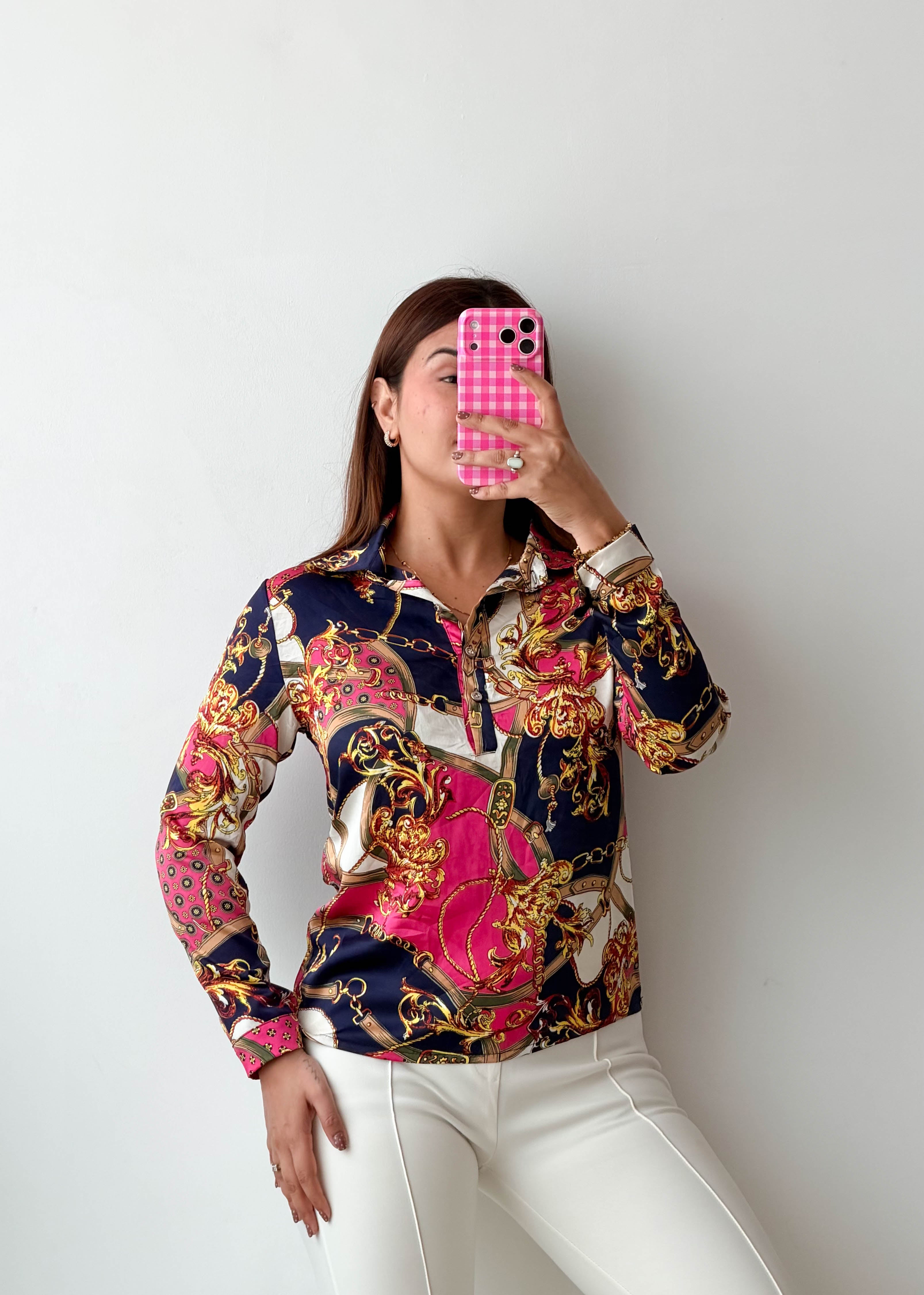Size XS-S Pink Navy Baroque Print Shirt Top