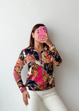 Size XS-S Pink Navy Baroque Print Shirt Top