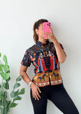 Size S-M Black Oriental Print Mandarin Collar Shirt