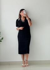 Size M-L Black Contrast Collar Ribbed Knit Midi Dress